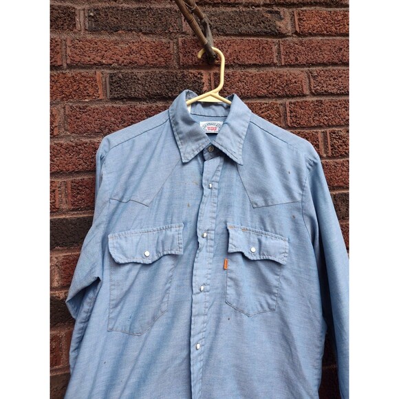 Vintage 70s LEVI'S Chambray Work Shirt button up Men's size Large Pearl Snap - Picture 4 of 11
